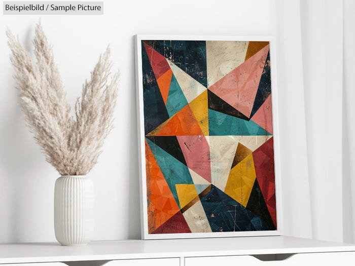 Framed geometric abstract art with colorful triangles on a white shelf beside dried pampas grass in a vase.