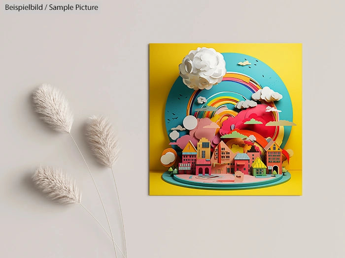 Colorful paper art of cityscape with rainbow, clouds, and sun, set against a vibrant yellow background.