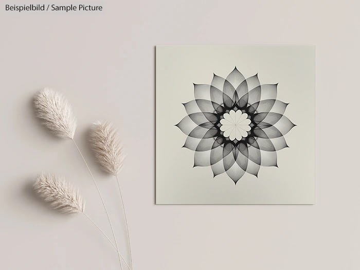 Black and white mandala design on wall with decorative pampas grass nearby.