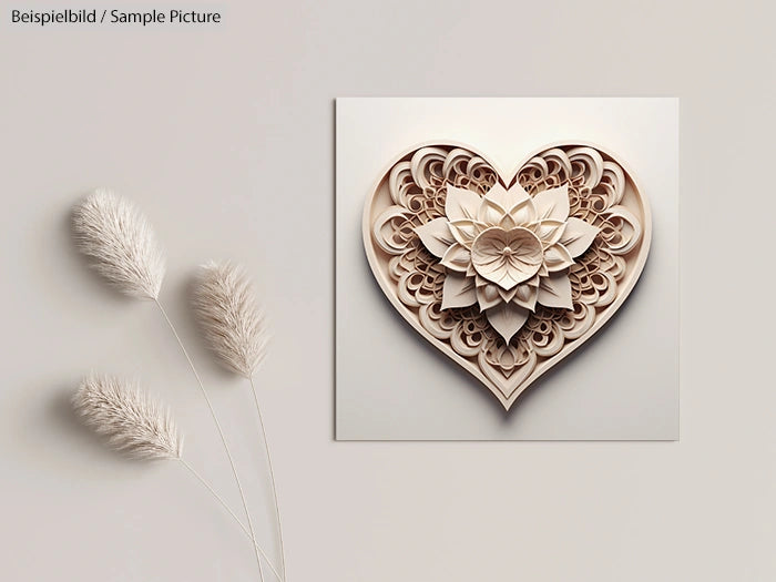 Wall art of intricate heart-shaped paper cutout design next to decorative fluffy plant stems.