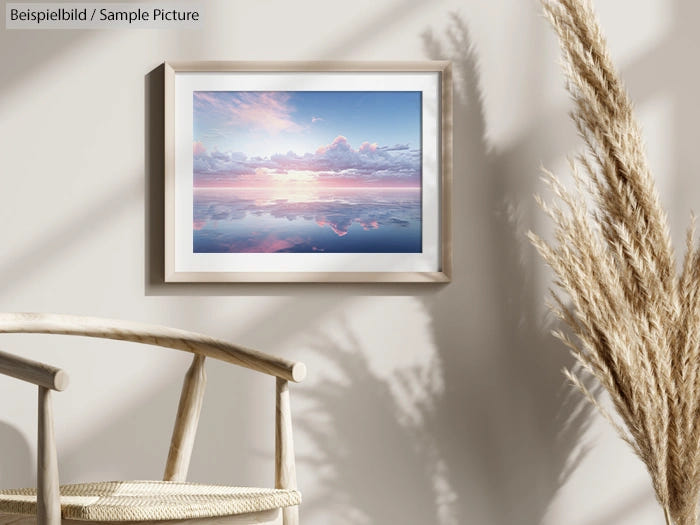 Framed sunset seascape photo on wall beside decorative dried plants and wooden chair.