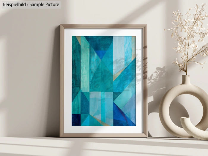 Framed abstract geometric art in shades of blue and green on a light beige wall.