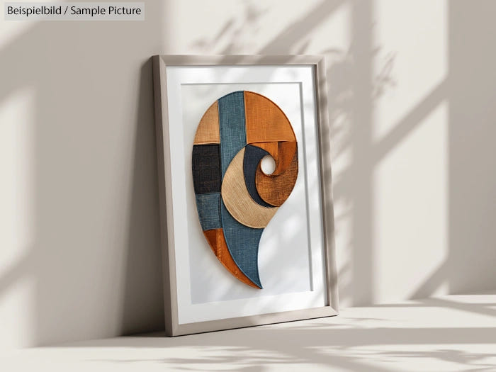 Framed abstract art with curved, interlocking shapes in neutral tones, casting shadows on a sunlit wall.