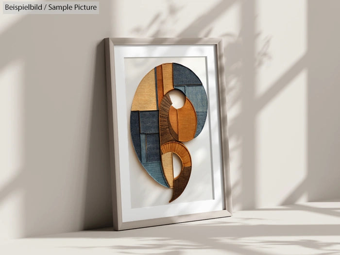 Framed abstract artwork with curved wooden and metal elements in warm and cool tones.