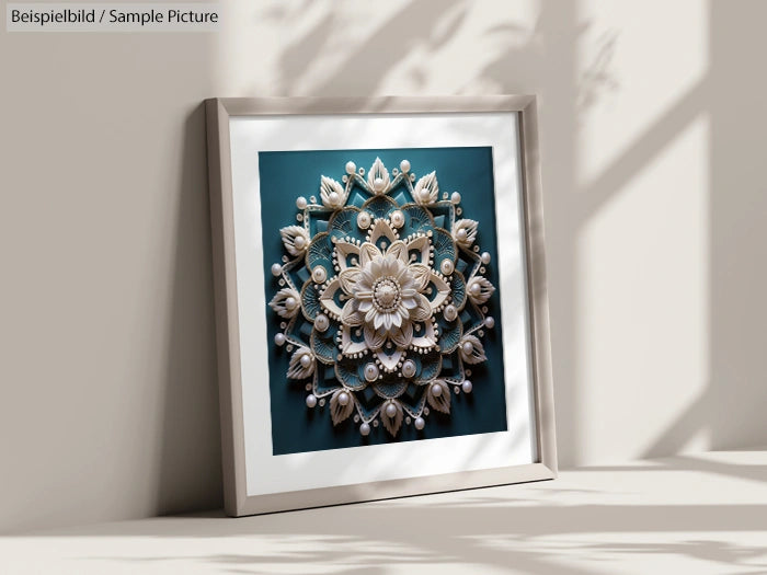 Framed mandala art with embossed floral design on a teal background, displayed against a shadowed wall.