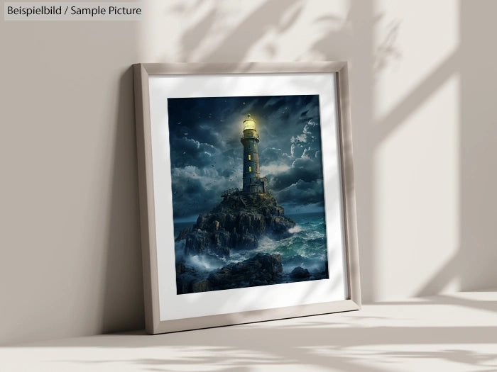 Framed painting of a lighthouse on rocky shore, stormy sea, and cloudy night sky.