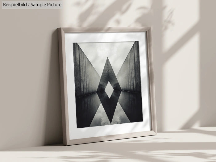 Framed abstract photograph resting against a wall, depicting a symmetrical architectural structure in grayscale.