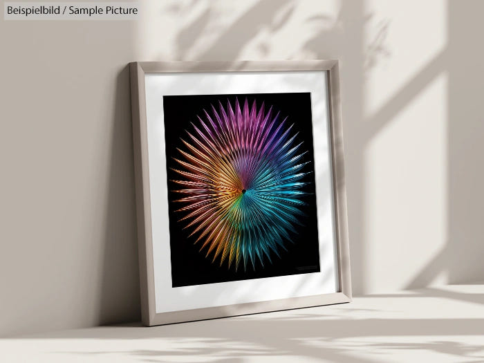 Framed artwork with a colorful, spiky abstract design on a black background, casting shadows on a light wall.