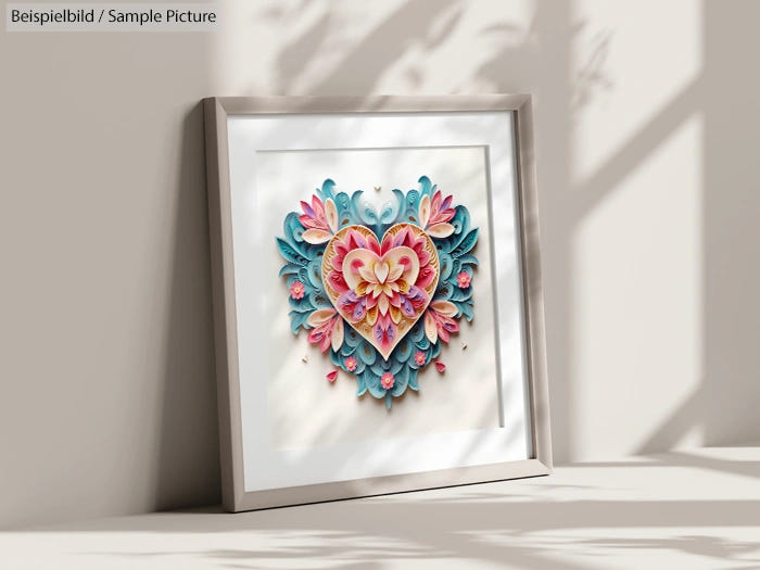 Framed paper art featuring a colorful heart design with floral patterns in a sunlit room.