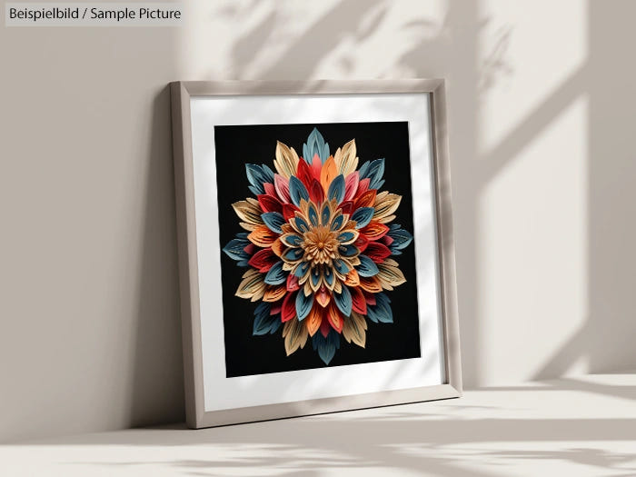 Framed artwork with a colorful, layered flower-like design against a black background, displayed in a sunlit room.