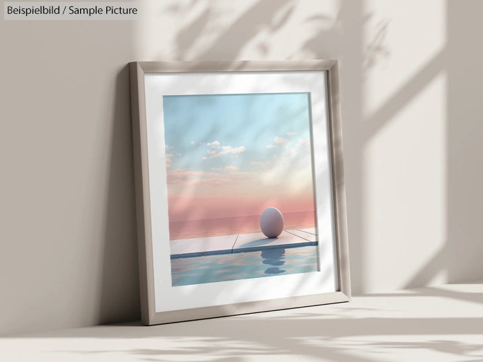 Framed artwork of a serene poolside scene with a ball, under a pink and blue sky, casting soft shadows on a wall.