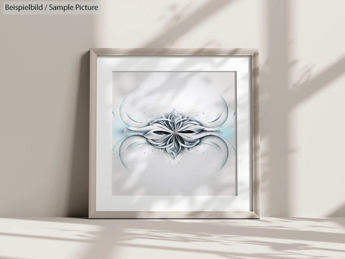 Framed abstract artwork with symmetrical floral design, in shades of white and gray, casting a shadow in soft light.