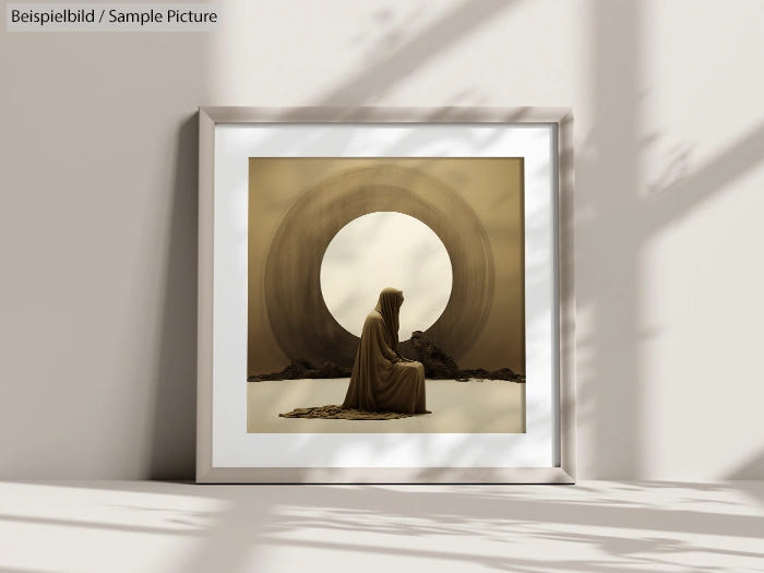 Framed artwork of a figure kneeling in front of a large, abstract circular structure, displayed against a shaded wall.