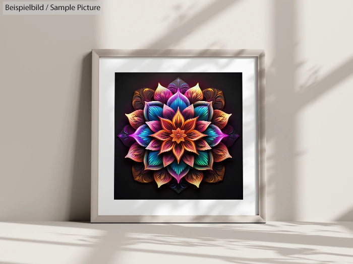 Framed colorful mandala art print hanging on a wall with light shadows.