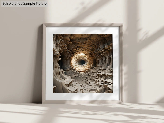 Framed abstract art with cave-like textures, placed against a light wall with shadow patterns.