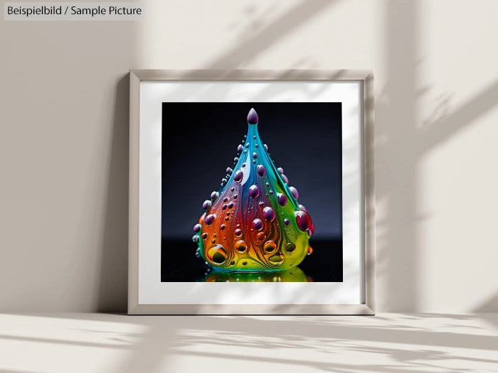 Framed colorful abstract art with droplet shapes on a dark background, placed against a shadowed wall.