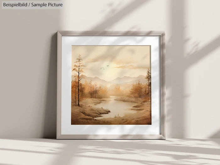 Framed landscape painting of autumn trees by a river, mounted on a wall with soft shadows, creating a serene atmosphere.