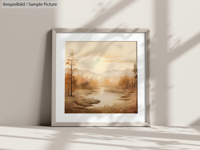 Framed landscape painting of autumn trees by a river, mounted on a wall with soft shadows, creating a serene atmosphere.