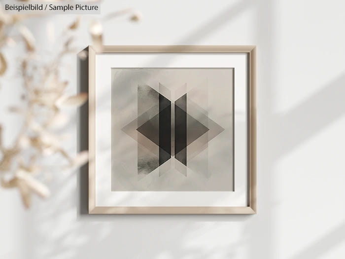 Framed geometric art print with layered black and gray rectangles, hanging on a white wall with plant shadows.