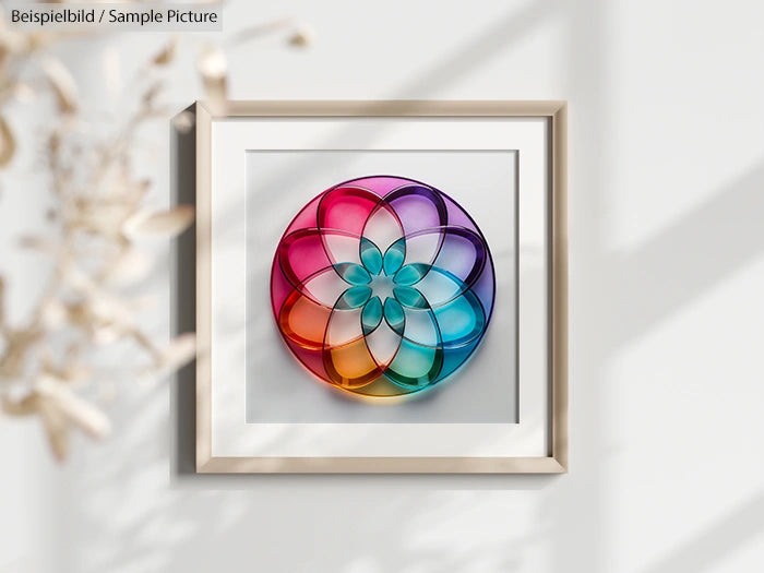 Framed colorful geometric mandala artwork in a light-filled room with shadowed walls.