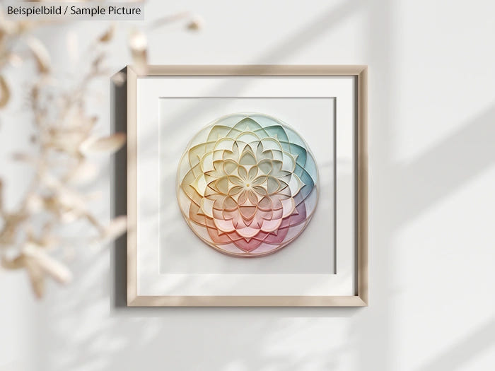 Framed geometric artwork with layered flower pattern in pastel shades on a white wall.