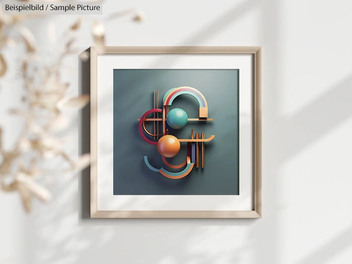 Framed geometric art with spheres and arches in soft colors, displayed on a wall with shadows and a blurred plant.