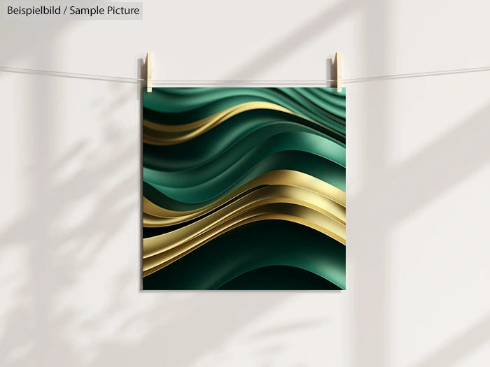 Abstract artwork with green and gold wave patterns hanging on white string against a light background.