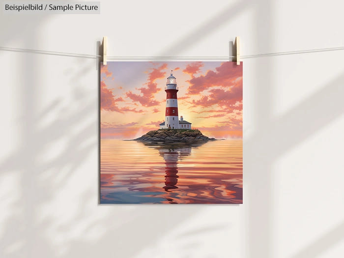 Lighthouse on a rocky island at sunset with colorful reflections in calm water, hanging from a rope.