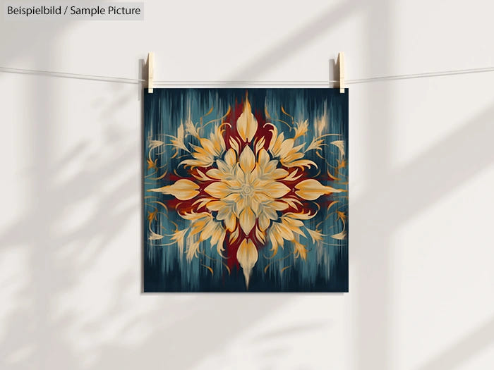 Ornate floral mandala with warm hues on a dark background, hung on a clothesline with clothespins.