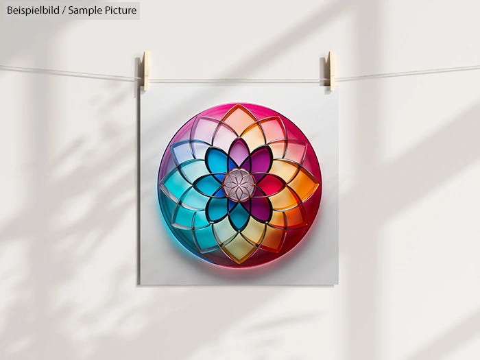 Colorful geometric mandala art print hanging on a string, featuring concentric flower-like patterns in bright hues.