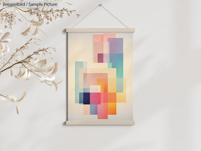 Geometric abstract art print with colorful overlapping rectangles in pastel tones on white background.