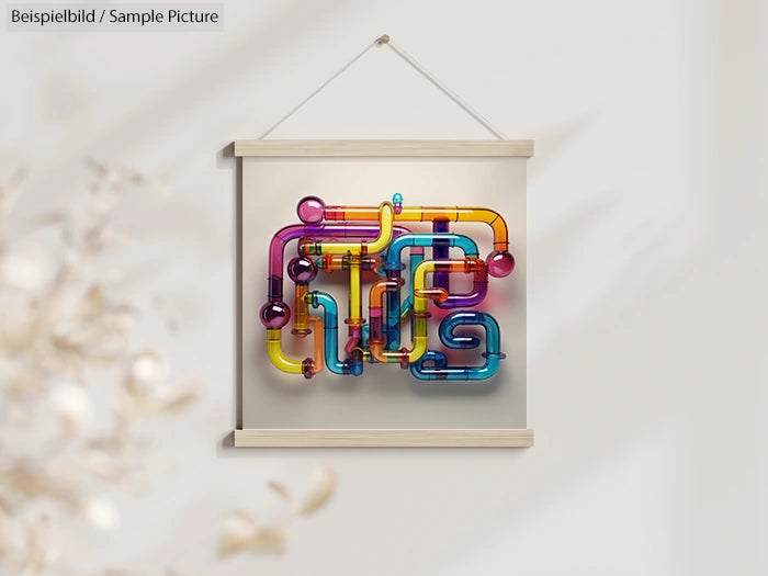 Colorful abstract wall art with interconnected, translucent tubes hanging on a white wall.