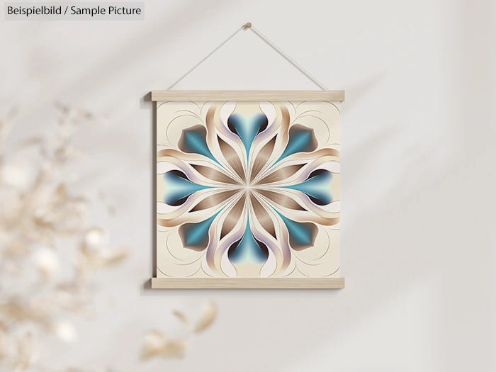 Decorative wall hanging with a blue and beige symmetrical floral pattern.