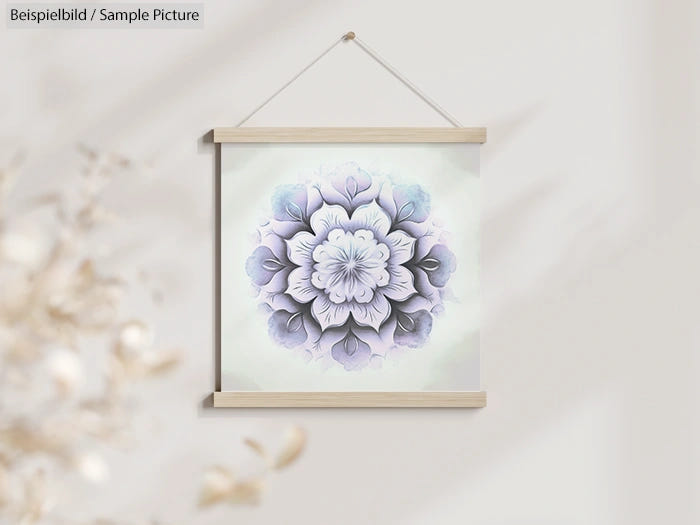 Elegant floral mandala painting in pastel tones, framed and hung on a light-colored wall.