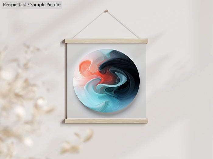 Abstract circular painting with swirling red, black, blue, and white colors, framed and hanging on a wall.