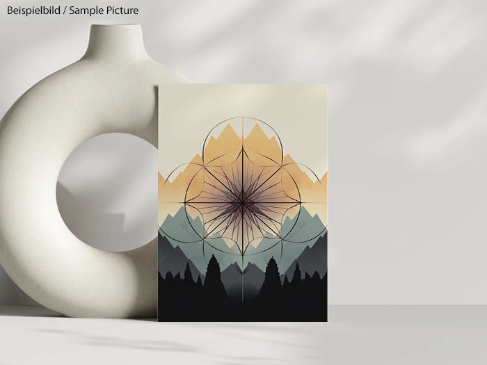 Abstract geometric art with mountain silhouettes and orange, beige, and black color scheme in a modern setting.