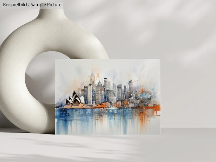 Abstract cityscape painting with skyline and water reflections, featuring modern and classic architecture in soft tones.