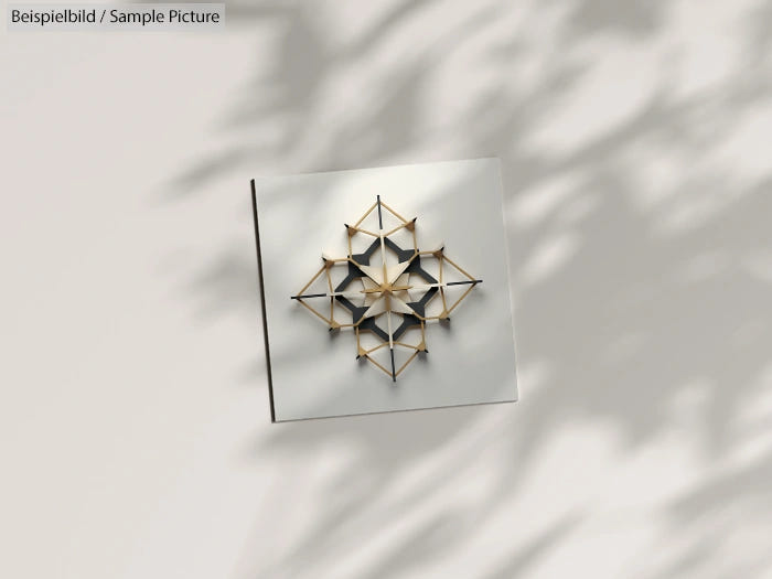 Geometric wall art with a three-dimensional design casting shadows on a light background.