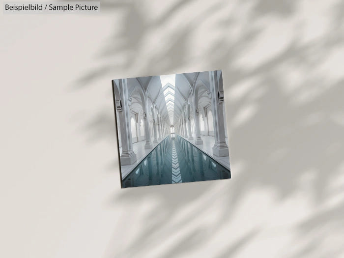 Sample image of a serene, modern interior with a reflective water pool and arched white columns.