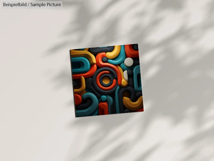 Abstract art piece with interlocking colorful shapes on a light shadowed background.