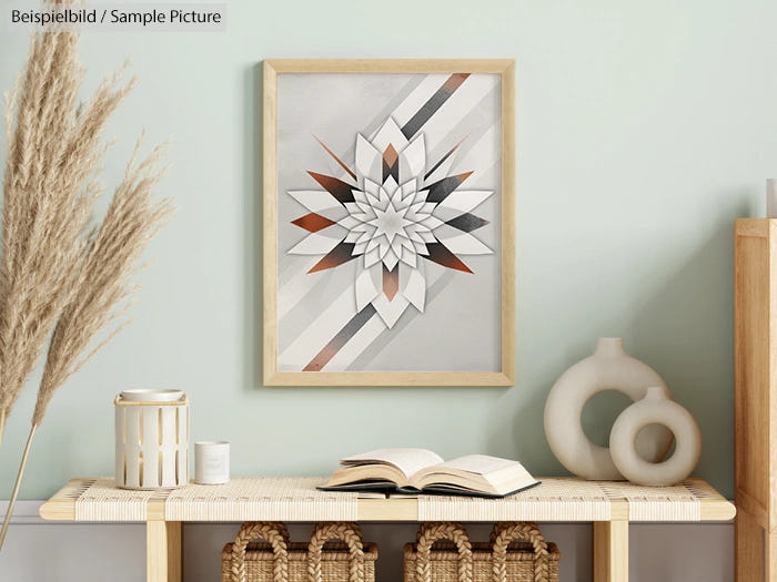 Neutral-toned room with geometric artwork, pampas grass, a book, and decorative vases on a woven shelf.