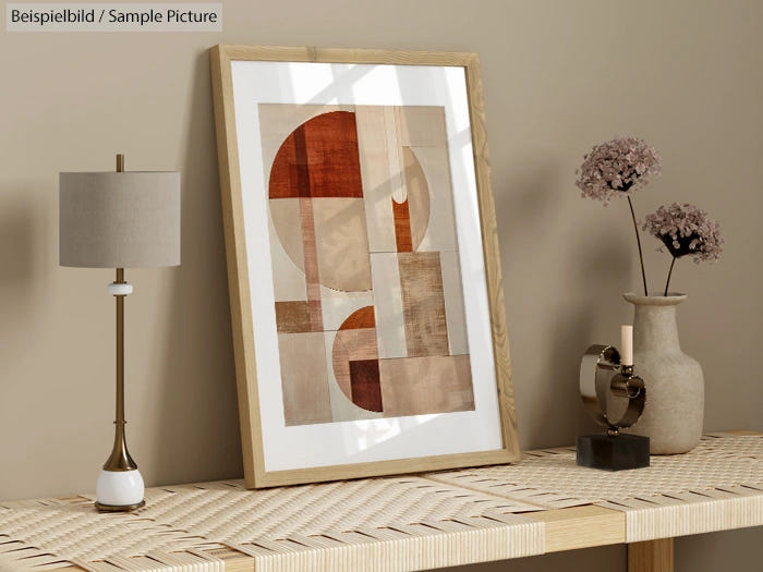 Minimalist interior with geometric abstract art, table lamp, and decorative vase on a woven surface.