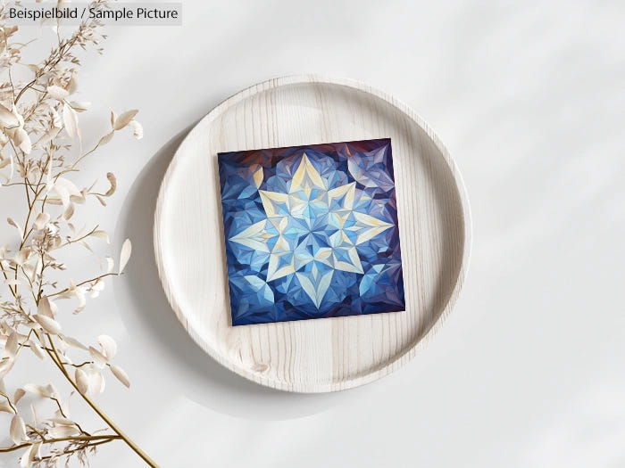 Abstract blue and white geometric pattern artwork on wooden plate, next to dried flower arrangement.