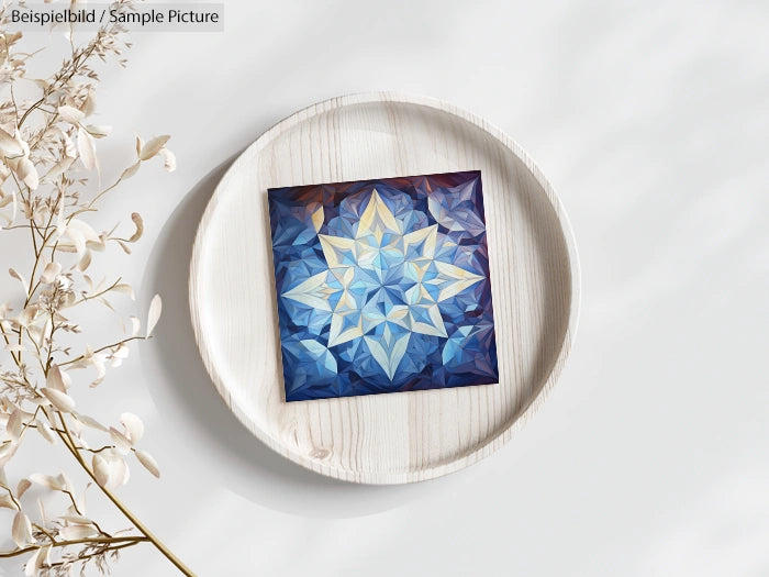 Abstract blue and white geometric pattern artwork on wooden plate, next to dried flower arrangement.