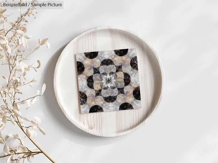 Wooden plate with a geometric mosaic design, set beside delicate dried flowers on a white surface.