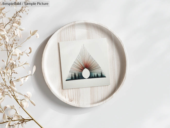 Minimalist artwork on a round wooden platter with dried floral decoration.