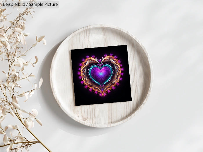 Decorative plate with a purple heart design, surrounded by intricate gold patterns, placed on a light wooden surface.