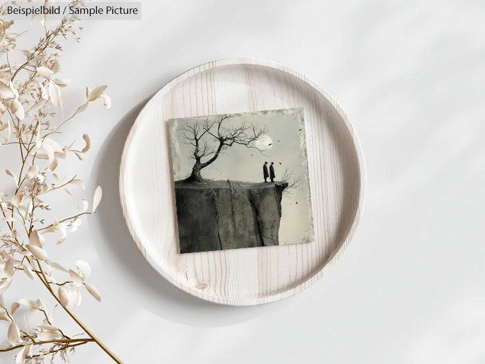 Minimalist art with two figures under a barren tree at cliff edge, displayed on a wooden tray with dried plant decor.