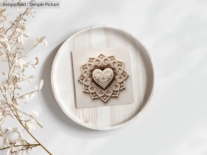 Intricate heart-shaped paper art on a circular wooden tray with dried floral arrangement on the side.