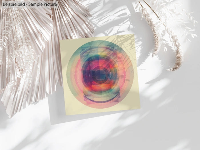 Colorful circular abstract artwork on paper with decorative dried leaves casting shadows on a white surface.